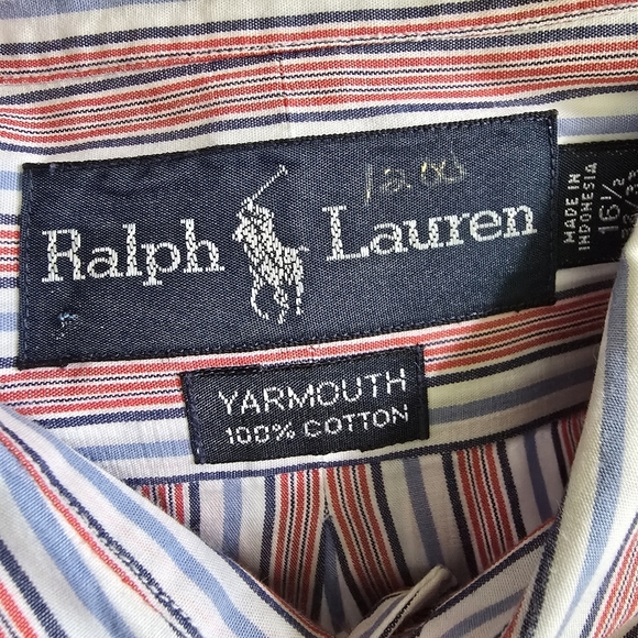 Ralph Lauren Vintage Men's Striped Blue And Red Button DownShirt Size 16.5 32-33 - Picture 10 of 11